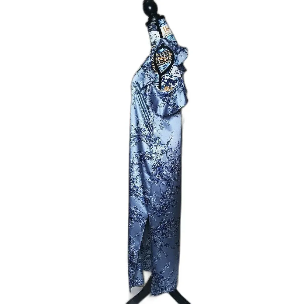 WAYF Quinn Floral Satin Midi Slip Dress Cold Shoulder Side Slit Ruffles Blue S